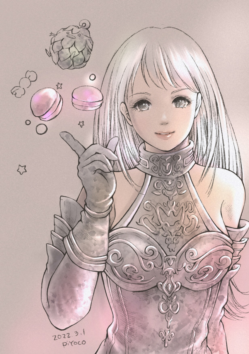 1girl 2022 arciela_v_adoulin arm_at_side artist_name bare_shoulders black_gloves breasts candy dated detached_sleeves final_fantasy final_fantasy_xi food gloves grey_eyes grey_hair hand_up highres hume leafkin long_hair long_sleeves looking_at_viewer macaron medium_breasts parted_lips pink_sleeves piyoco red_lips smile solo star_(symbol)