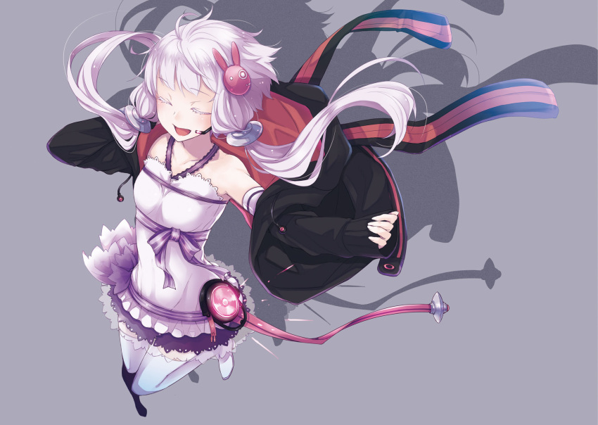 1girl ayakura_juu closed_eyes dress full_body grey_background hair_ornament halter_dress halterneck headset highres hood hoodie long_hair open_clothes open_hoodie open_mouth purple_hair rabbit_hair_ornament short_dress short_hair_with_long_locks smile solo thigh-highs twintails vocaloid voiceroid white_thighhighs yuzuki_yukari