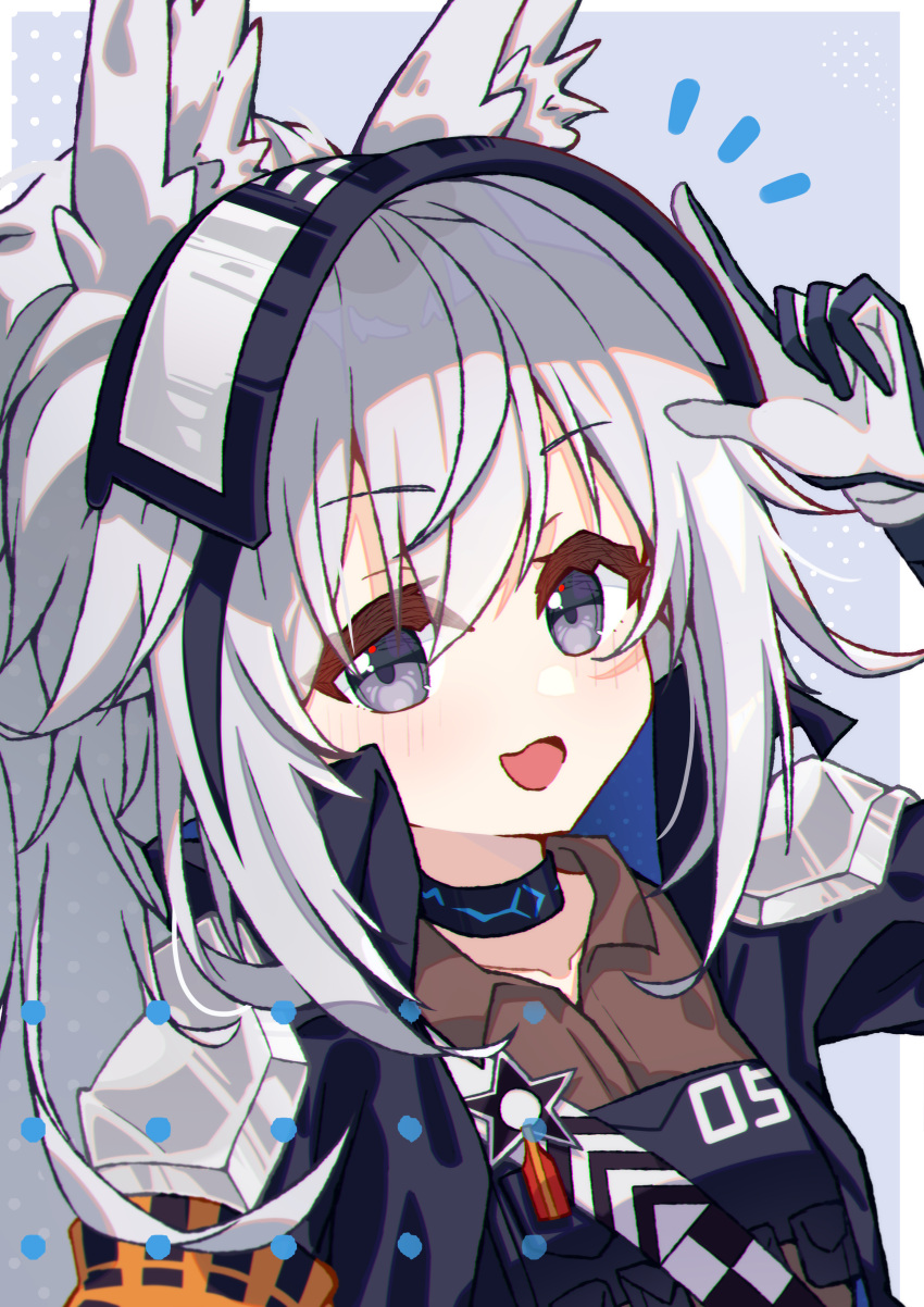 1girl absurdres animal_ear_fluff animal_ears arknights armor black_gloves black_jacket brown_shirt gloves grani_(arknights) grey_hair hand_up highres horse_ears horse_girl infection_monitor_(arknights) jacket long_hair looking_at_viewer notice_lines open_mouth pauldrons shirt shoulder_armor sidelocks solo two-tone_gloves user_xtkk5454 violet_eyes visor_(armor) visor_lift white_gloves