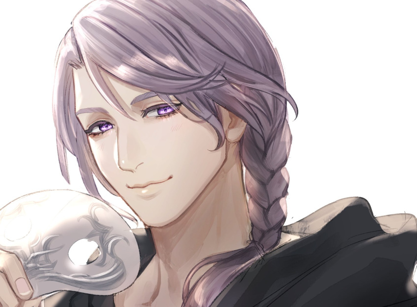 1boy androgynous bishounen braid close-up commentary final_fantasy final_fantasy_xiv from_side hand_up highres holding holding_mask hythlodaeus looking_at_viewer male_focus mask medium_hair portrait purple_hair sagenoodles side_braid simple_background single_braid smile solo swept_bangs violet_eyes white_background white_mask
