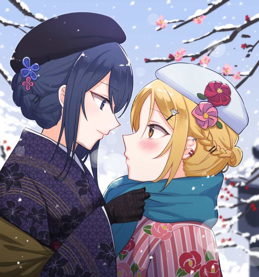 1_rt_de_nakawarui_nonke_joshi-tachi_ga_1-byou_kiss_suru 2girls adjusting_another's_clothes adjusting_scarf beret black_gloves black_headwear blonde_hair blue_eyes blue_hair blue_scarf blush braid closed_mouth commentary_request earclip floral_print_kimono flower from_side fukuroumori gloves hair_flower hair_ornament hairclip hat highres japanese_clothes kimono looking_at_another multiple_girls outdoors pink_kimono purple_kimono scarf short_hair sidelocks snow snowing white_headwear yellow_eyes yuri