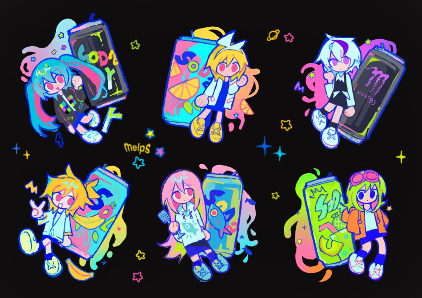 1boy 5girls aqua_hair artist_name banana black_background blonde_hair can commentary drink_can english_commentary flower_(vocaloid) flower_(vocaloid4) food fruit green_hair gumi hatsune_miku highres kagamine_len kagamine_rin long_hair long_sleeves megurine_luka melps microphone monster_energy multicolored_hair multiple_girls pink_eyes pink_hair purple_hair shirt shoes short_hair simple_background smile soda_can spring_onion star_(symbol) twintails two-tone_hair violet_eyes vocaloid white_hair