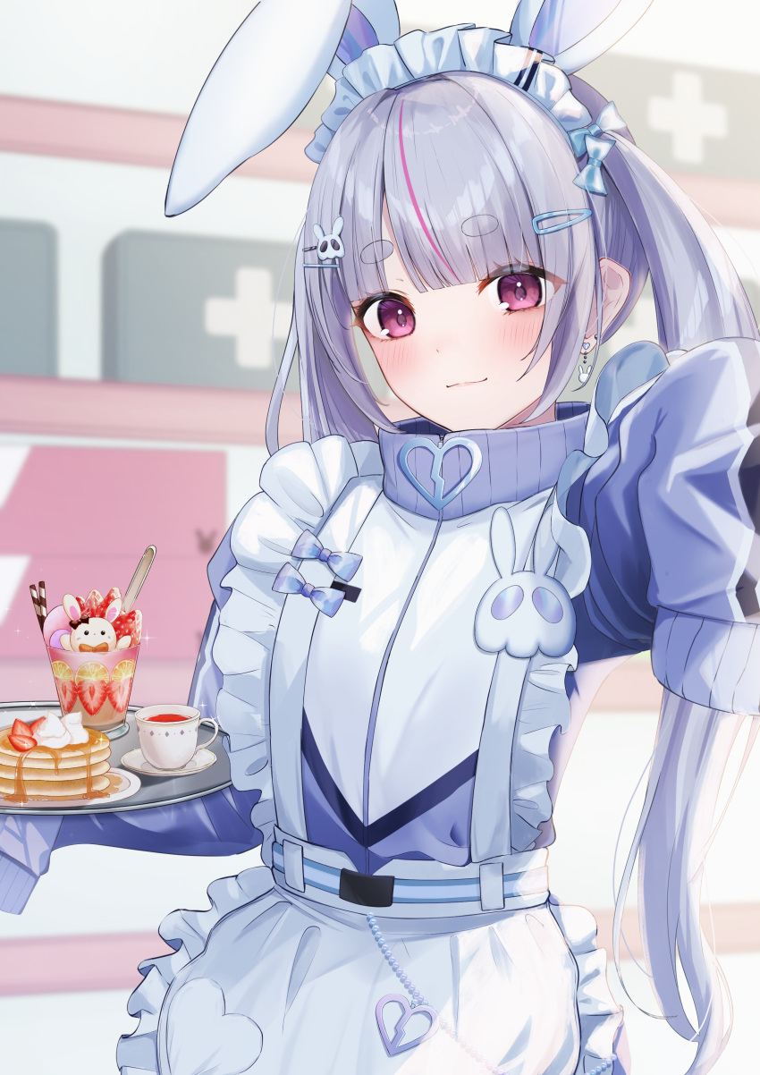 1girl 717minami absurdres animal_ears apron blue_bow blunt_bangs blush bow closed_mouth cup earrings fake_animal_ears food frilled_apron frills grey_hair grey_jacket hair_bow hair_ornament hairclip highres holding holding_tray jacket jersey_maid jewelry long_hair long_sleeves looking_at_viewer maid maid_headdress official_alternate_costume pancake pancake_stack rabbit_earrings rabbit_ears short_eyebrows sidelocks sleeves_past_fingers sleeves_past_wrists solo strawberry_parfait tea tosaki_mimi tray twintails unconventional_maid upper_body very_long_hair violet_eyes virtual_youtuber vspo! white_apron