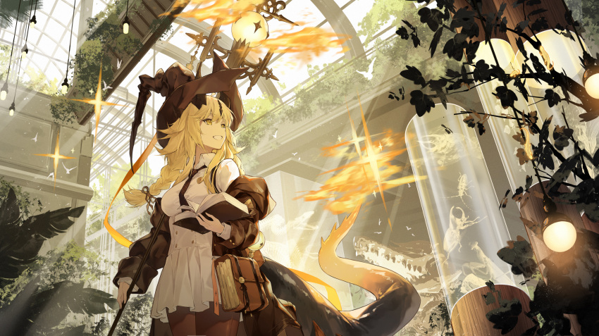 1girl absurdres ahoge arknights black_jacket black_necktie black_pantyhose blonde_hair book braid breasts cowboy_shot dragon_girl dragon_horns dragon_tail dress fire flame-tipped_tail glass_ceiling grin hanging_light hat highres holding holding_book holding_staff horns indoors jacket jiusan_naitang layered_sleeves long_hair looking_to_the_side looking_up medium_breasts museum necktie off_shoulder official_alternate_costume open_book open_clothes open_jacket pantyhose plant potted_plant pouch reed_the_flame_shadow_(curator)_(arknights) smile solo staff tail white_dress witch_hat yellow_eyes