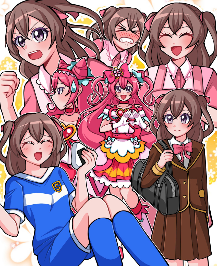 &gt;_&lt; 1jumangoku 2girls apron bag bare_shoulders black_bag blazer blue_bow blue_shirt blue_shorts blue_sleeves blue_socks blush boots bow bowtie brooch brown_eyes brown_hair brown_jacket brown_skirt brown_sleeves buttons center_frills choker clenched_hand clenched_teeth closed_mouth collar collarbone collared_jacket collared_shirt colored_eyelashes colored_skin commentary_request cone_hair_bun cowboy_shot cure_precious delicious_party_precure double_bun dress dual_persona embarrassed feet_out_of_frame floral_background flower food frilled_boots frills full-face_blush full_body gloves hair_bow hair_bun hair_flower hair_ornament hand_gesture heart heart_brooch heart_print highres holding holding_bag holding_food jacket jewelry kneehighs lace-trimmed_collar lace-trimmed_gloves lace-trimmed_skirt lace_trim light_blush long_eyelashes long_hair long_sleeves magical_girl miniskirt multicolored_skin multiple_girls multiple_views nagomi_yui no_mouth onigiri open_mouth pink_apron pink_bow pink_bowtie pink_choker pink_dress pink_flower pink_hair pink_jacket pink_shirt pink_skirt pink_sleeves pink_socks pleated_skirt pocket precure raised_eyebrow school_bag school_uniform shinsen_middle_school_uniform shirt short_dress short_sleeves shorts skirt smile socks sweatdrop t-shirt teeth track_uniform two-tone_skin two_side_up upper_body upper_teeth_only v-shaped_eyebrows very_long_hair white_collar white_footwear white_gloves white_shirt white_sleeves yellow_background yellow_skirt