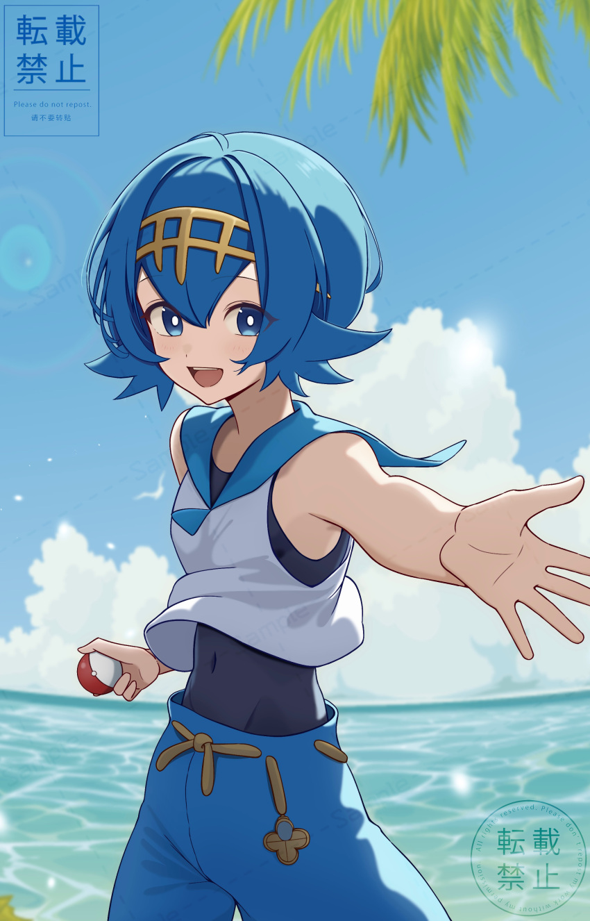 1girl :d absurdres blue_eyes blue_hair blue_pants blue_sailor_collar bright_pupils clouds commentary_request cowboy_shot day hairband highres holding holding_poke_ball lana_(pokemon) maizumi one-piece_swimsuit open_mouth outdoors outstretched_arm pants poke_ball poke_ball_(basic) pokemon pokemon_sm sailor_collar shirt short_hair sky sleeveless sleeveless_shirt smile solo swimsuit swimsuit_under_clothes teeth upper_teeth_only water white_pupils yellow_hairband