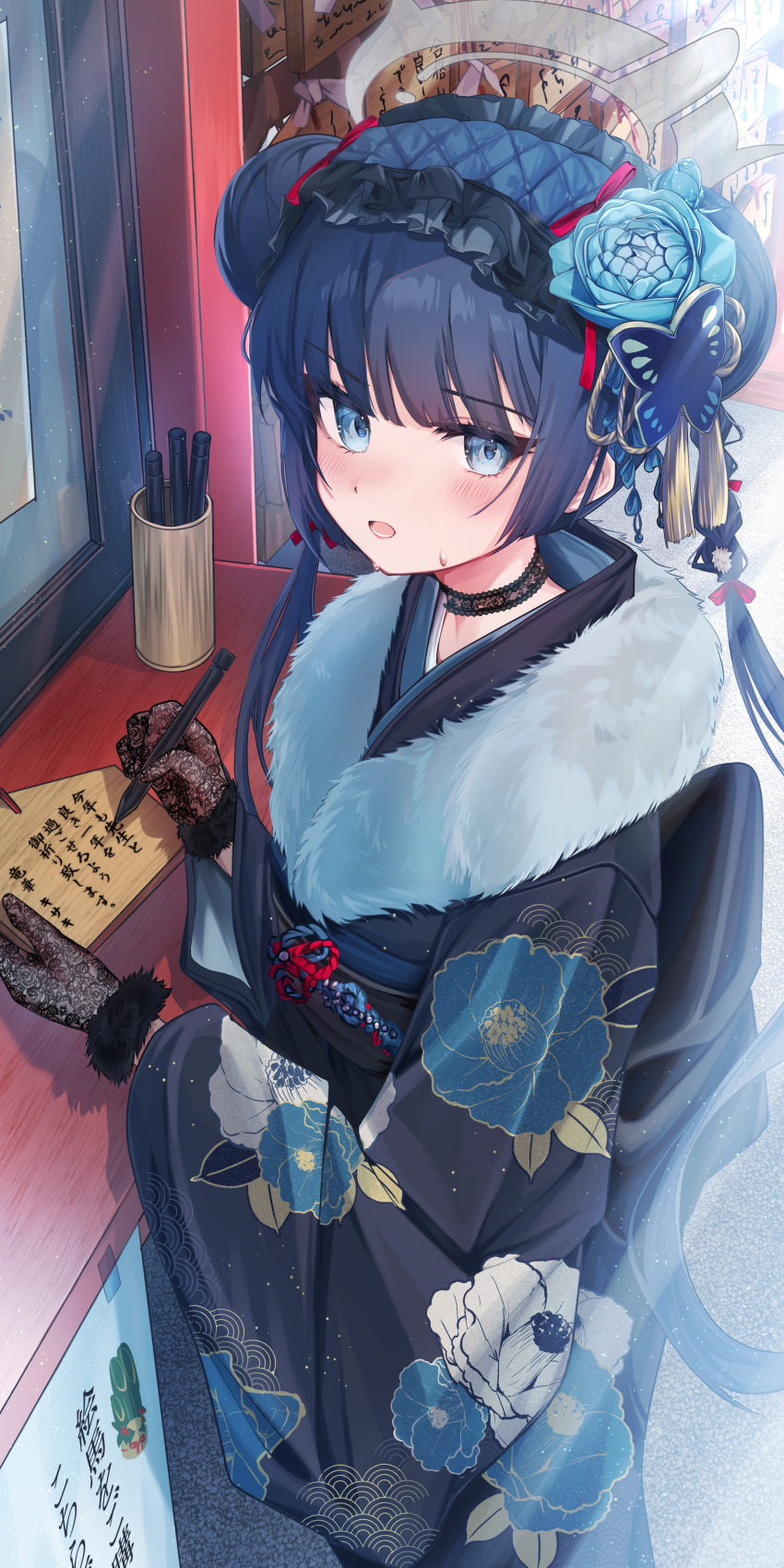 1girl absurdres baba_kirika black_fur black_gloves blue_archive blue_eyes blue_flower blue_hair blue_kimono blush braid butterfly_hair_ornament commentary_request double_bun ema eyelashes floral_print_kimono flower frilled_hairband frills fur-trimmed_gloves fur-trimmed_kimono fur_trim gloves hair_bun hair_flower hair_ornament hair_ribbon hairband highres holding holding_ema holding_marker japanese_clothes kimono kisaki_(blue_archive) lace lace_gloves long_hair looking_at_viewer low-braided_long_hair marker open_mouth quilted_headwear red_ribbon ribbon rope seigaiha sidelocks sweatdrop tape tassel tassel_hair_ornament translation_request twin_braids white_fur writing