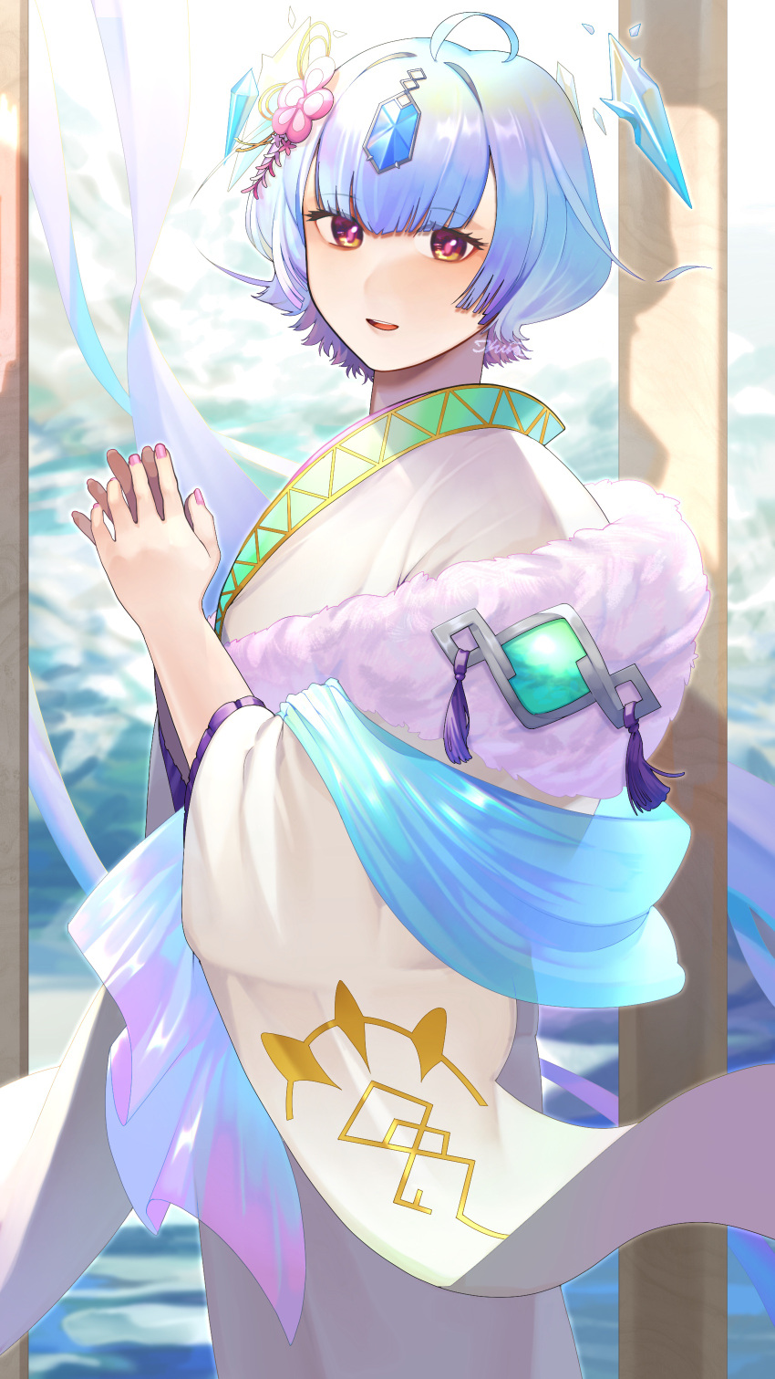 1girl absurdres ahoge blue_hair commentary_request fingernails fire_emblem fire_emblem_heroes forehead_jewel gradient_hair hair_ornament highres ikura_(downdexp) japanese_clothes kimono multicolored_hair official_alternate_costume pink_nails purple_hair seidr_(fire_emblem) seidr_(new_year)_(fire_emblem) short_hair solo violet_eyes white_kimono wide_sleeves