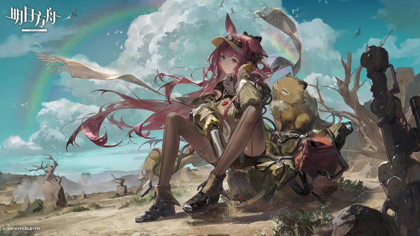 1girl animal animal_ears arknights bird black_footwear black_pantyhose black_shorts blue_sky boots bottle brown_shirt clouds cloudy_sky copyright_name crossbow desert gloves grey_scarf hand_on_own_cheek hand_on_own_face head_rest highres holding holding_bottle long_hair long_sleeves official_art official_wallpaper outdoors pantyhose pantyhose_under_shorts pink_hair rabbit_ears rabbit_girl rainbow ray_(arknights) rock ruoganzhao scarf shirt shorts sitting sky solo very_long_hair violet_eyes water_bottle weapon wind yellow_gloves