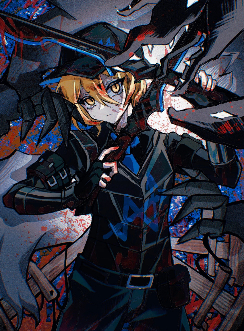 035nnn 1girl alleyway_watchdog_(project_moon) arm_pouch arm_strap belt black_belt black_pants black_shirt black_vest blonde_hair blood blood_on_clothes blood_on_face blue_necktie closed_mouth collared_shirt cowboy_shot don_quixote_(project_moon) e.g.o_(project_moon) hands_up highres limbus_company looking_at_viewer necktie pants project_moon shirt short_hair solo vest yellow_eyes