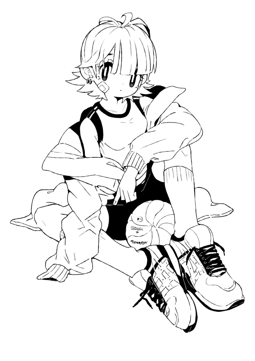 1girl ahoge arm_on_knee ball bandaid bandaid_on_face bright_pupils closed_mouth expressionless highres jacket jacket_partially_removed layered_clothes lineart looking_at_viewer maymay_pic monochrome multiple_piercings original shoes short_hair shorts simple_background sitting sneakers socks solo white_background white_pupils