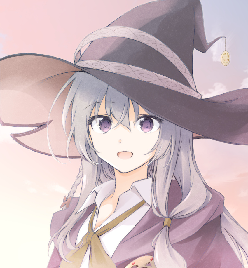 1girl :d black_headwear bow bowtie braid collared_shirt elaina_(majo_no_tabitabi) grey_hair hat highres large_hat long_hair looking_at_viewer majo_no_tabitabi natsushi open_clothes open_mouth open_robe outdoors red_bow robe shirt smile solo violet_eyes white_shirt witch_hat yellow_bow yellow_bowtie