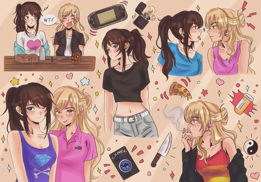 2girls belt black_choker black_hair black_shirt blonde_hair blue_eyes blue_shirt camisole choker cigarette class_of_09 closed_eyes collarbone collared_shirt crop_top food handheld_game_console heart highres holding holding_cigarette jecka_(class_of_09) knife lighter mamamia28825 multiple_girls navel nicole_(class_of_09) one_eye_closed pill_bottle pink_shirt pink_tank_top pizza pizza_slice playstation_portable purple_tank_top shirt smoking speech_bubble tank_top tongue tongue_out yellow_eyes yin_yang zippo_lighter