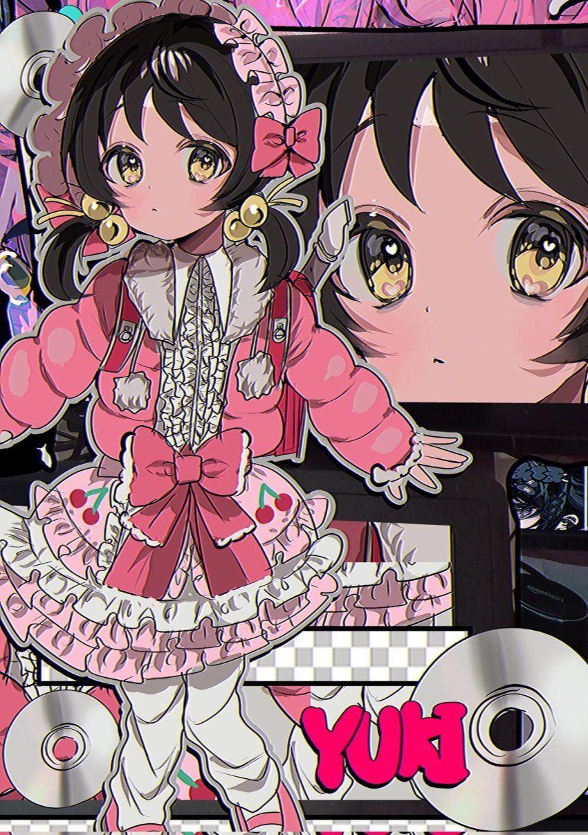 1girl :&gt; \||/ alternate_costume bow center_frills character_name collared_shirt commentary corrupted_twitter_file disc down_jacket fake_transparency frilled_hairband frilled_skirt frills hair_bobbles hair_ornament hairband heart heart_in_eye highres jacket kaai_yuki long_hair looking_at_viewer low_twintails mary_janes momae_makku open_clothes open_jacket pink_bow pink_hairband pink_jacket pink_skirt shirt shoes skirt solo standing symbol_in_eye twintails vocaloid waist_bow white_shirt yellow_eyes zoom_layer