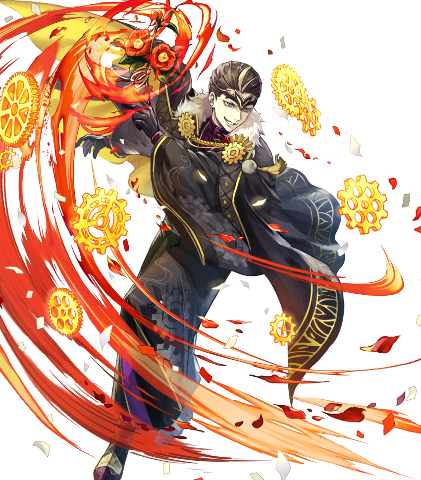 1boy attack black_cape black_gloves black_hair black_kimono blonde_hair blue_eyes cape crown fafnir_(fire_emblem) fafnir_(new_year)_(fire_emblem) fire_emblem fire_emblem_heroes flower fur-trimmed_kimono fur_trim gear_print gloves grin hair_slicked_back highres holding holding_flower japanese_clothes kimono multicolored_hair non-web_source official_alternate_costume official_art pale_skin smile solo streaked_hair