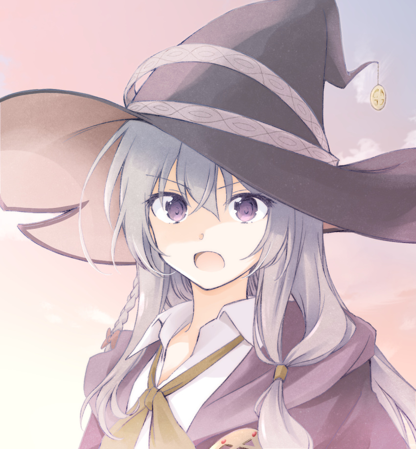1girl black_headwear bow bowtie braid collared_shirt elaina_(majo_no_tabitabi) grey_hair hat highres large_hat long_hair looking_at_viewer majo_no_tabitabi natsushi open_clothes open_mouth open_robe outdoors partially_shaded_face red_bow robe shirt solo violet_eyes white_shirt witch_hat yellow_bow yellow_bowtie