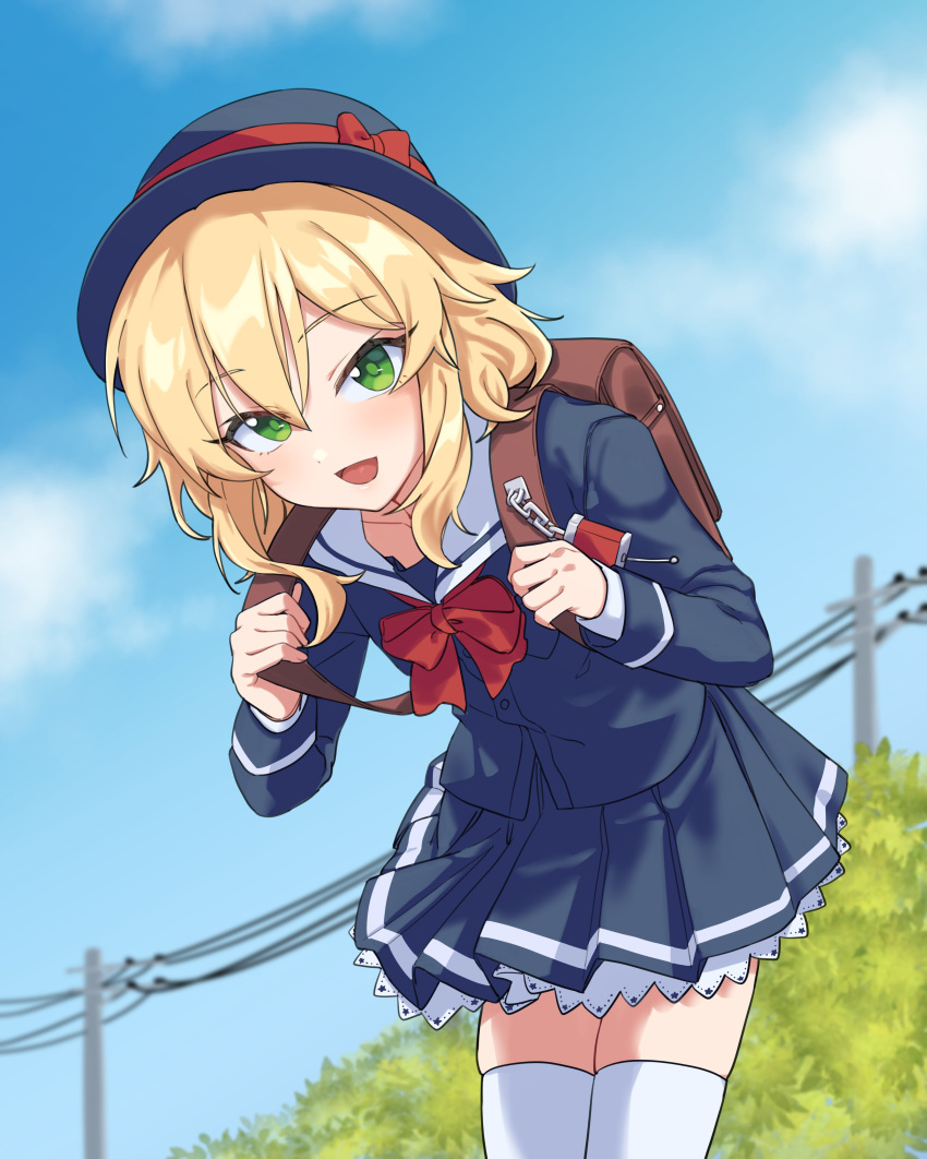1girl absurdres backpack bag bean_tan blonde_hair blue_headwear blue_shirt blue_skirt blue_sky bow bowtie brown_bag bush buttons clouds commentary crime_prevention_buzzer day dot_nose flat_chest green_eyes hair_between_eyes hat highres holding_strap idolmaster idolmaster_cinderella_girls lace_trim light_blush long_sleeves looking_at_viewer medium_hair open_mouth outdoors pleated_skirt red_bow red_bowtie ribbed_hat sailor_collar sakurai_momoka school_uniform shirt sidelocks skirt sky smile solo thigh-highs thighs wavy_hair white_sailor_collar white_thighhighs zettai_ryouiki