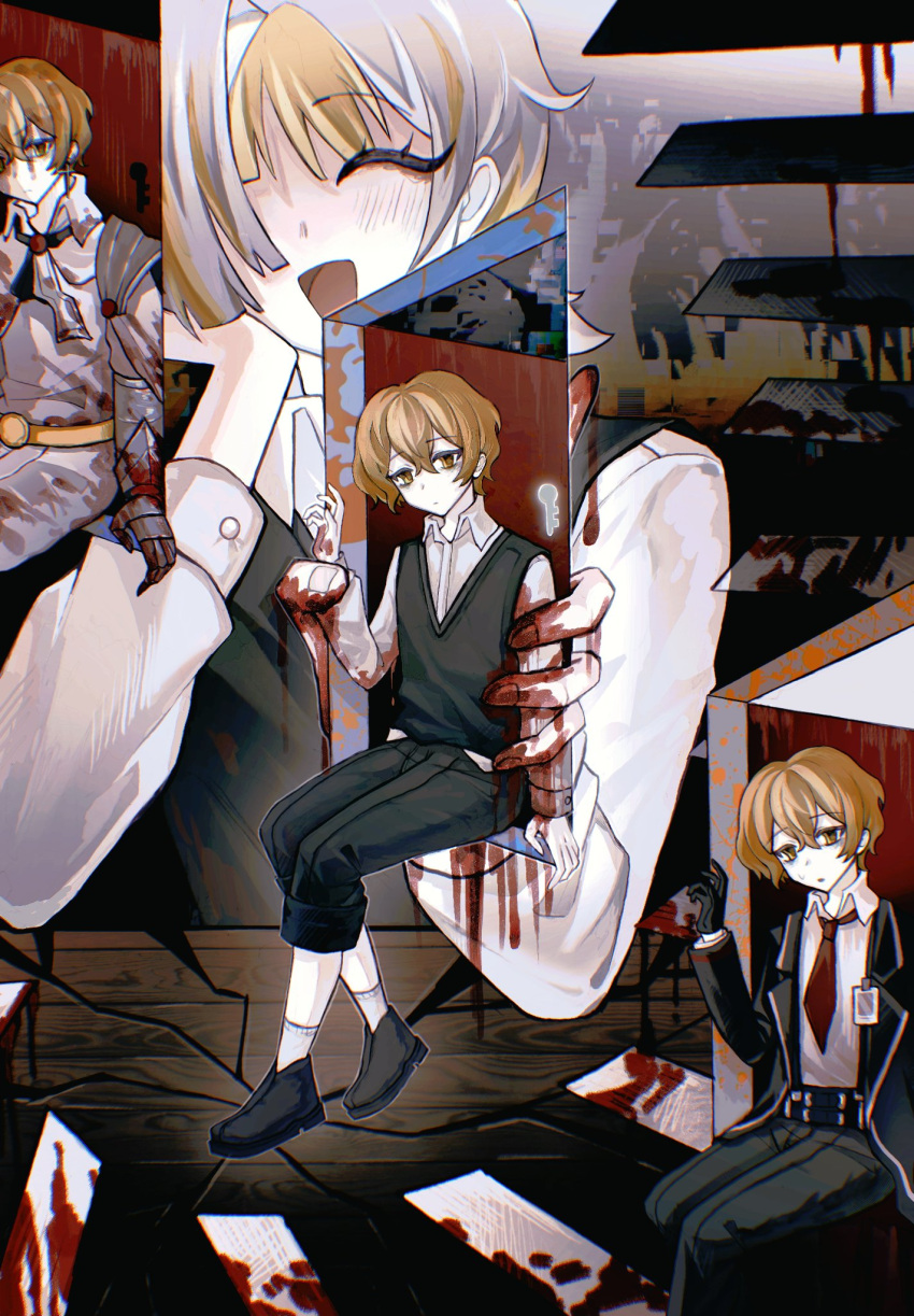 035nnn 1boy 1girl black_coat black_gloves black_pants black_sweater_vest blonde_hair blood blood_on_clothes blood_on_hands blush coat collared_shirt door gloves highres holding kromer_(project_moon) limbus_company long_sleeves looking_at_viewer multicolored_hair necktie pants project_moon recurring_image red_necktie shirt sinclair_(project_moon) streaked_hair sweater_vest white_hair white_shirt yellow_eyes