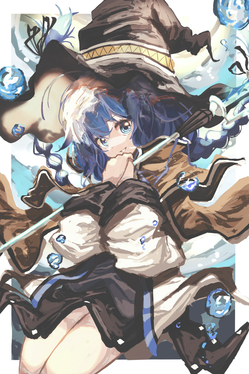 1girl absurdres air_bubble black_skirt blue_eyes blue_hair braid brown_cloak bubble cloak collar feet_out_of_frame hair_between_eyes hat highres holding holding_staff jacket looking_at_viewer mage_staff mushoku_tensei own_hands_clasped own_hands_together roxy_migurdia shion_(1016_shio) skirt smile solo staff thighs triangle_mouth twin_braids underwear white_collar white_jacket witch_hat
