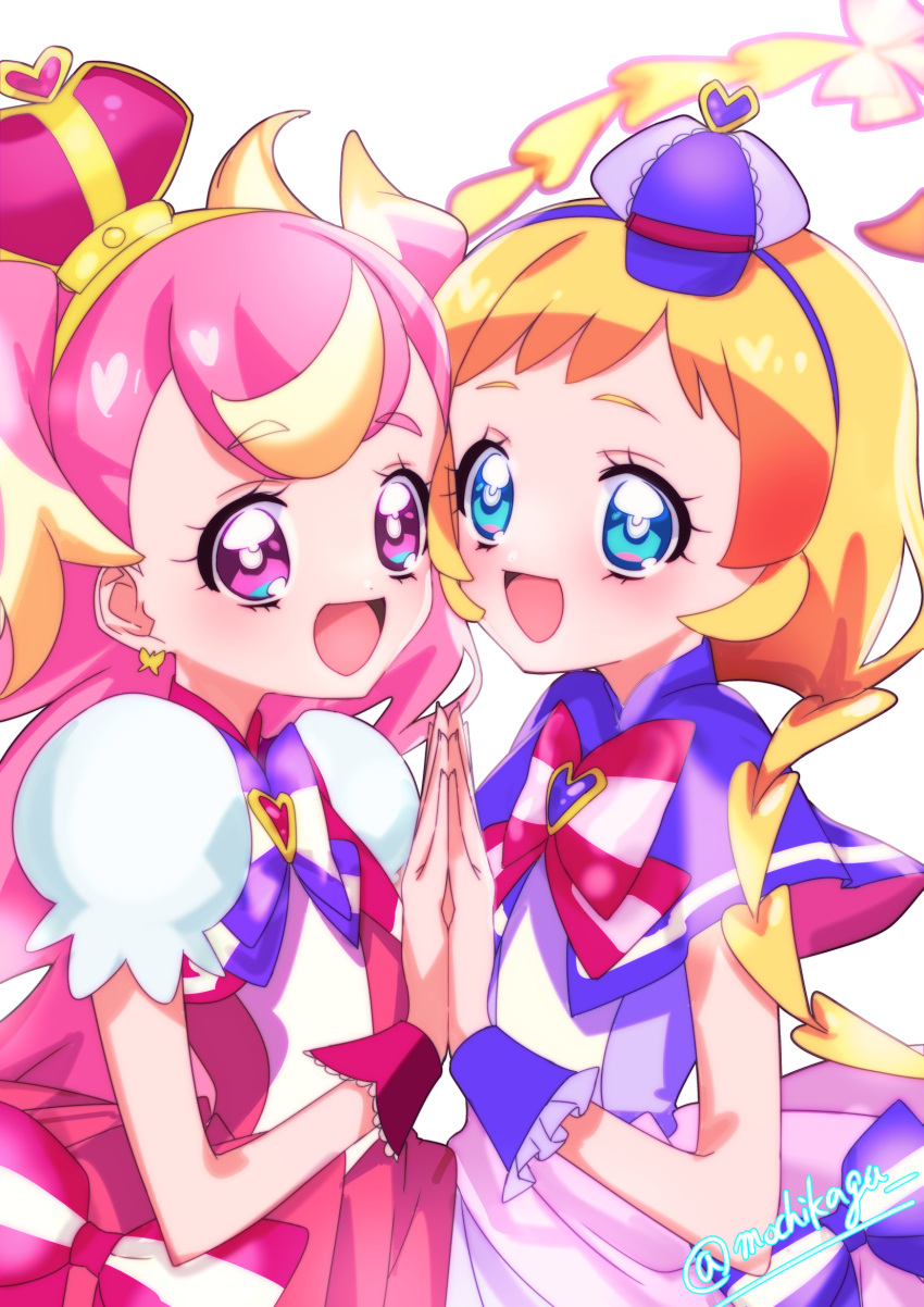 2girls :d blonde_hair blue_eyes blush bow braid brooch capelet crown cure_friendy cure_wonderful dot_nose dress dress_bow earrings hair_bow hairband heart heart_brooch highres inukai_iroha inukai_komugi jewelry looking_at_viewer magical_girl mini_crown motituki0 multicolored_bow multicolored_eyes multicolored_hair multiple_girls open_mouth pink_bow pink_dress precure puffy_sleeves purple_bow purple_capelet purple_dress purple_hairband simple_background smile streaked_hair symmetry twin_braids twitter_username two-tone_hair two_side_up violet_eyes white_background wonderful_precure! yellow_hairband