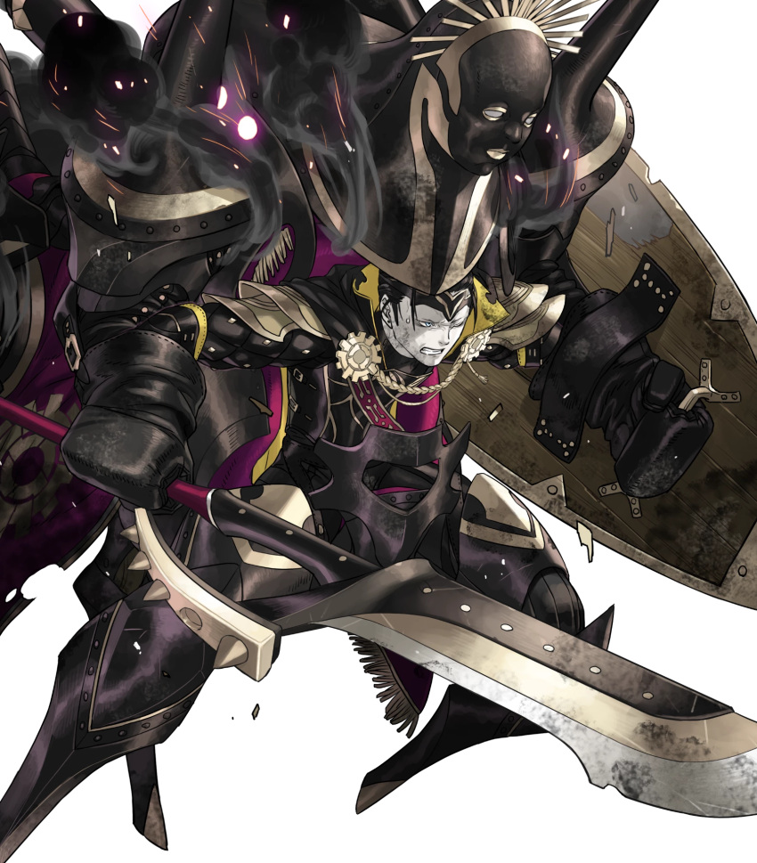 1boy black_bodysuit black_cloak black_hair blonde_hair bodysuit clenched_teeth cloak crown damaged fafnir_(fire_emblem) fire_emblem fire_emblem_heroes hair_slicked_back highres holding holding_polearm holding_shield holding_weapon king mecha multicolored_hair non-web_source official_art one_eye_closed polearm robot shield smoke solo streaked_hair teeth weapon