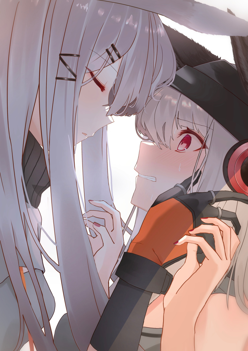 2girls absurdres animal_ears arknights beanie black_gloves blush clenched_teeth closed_eyes commentary_request ears_through_headwear fox_ears fox_girl from_side frostleaf_(arknights) frostnova_(arknights) gloves grey_hair hair_ornament hair_over_one_eye hairclip hand_on_another's_cheek hand_on_another's_face hat headphones highres implied_extra_ears long_hair multiple_girls parted_lips profile rabbit_ears rabbit_girl red_eyes red_nails simple_background suzubotan sweatdrop teeth upper_body white_background yuri