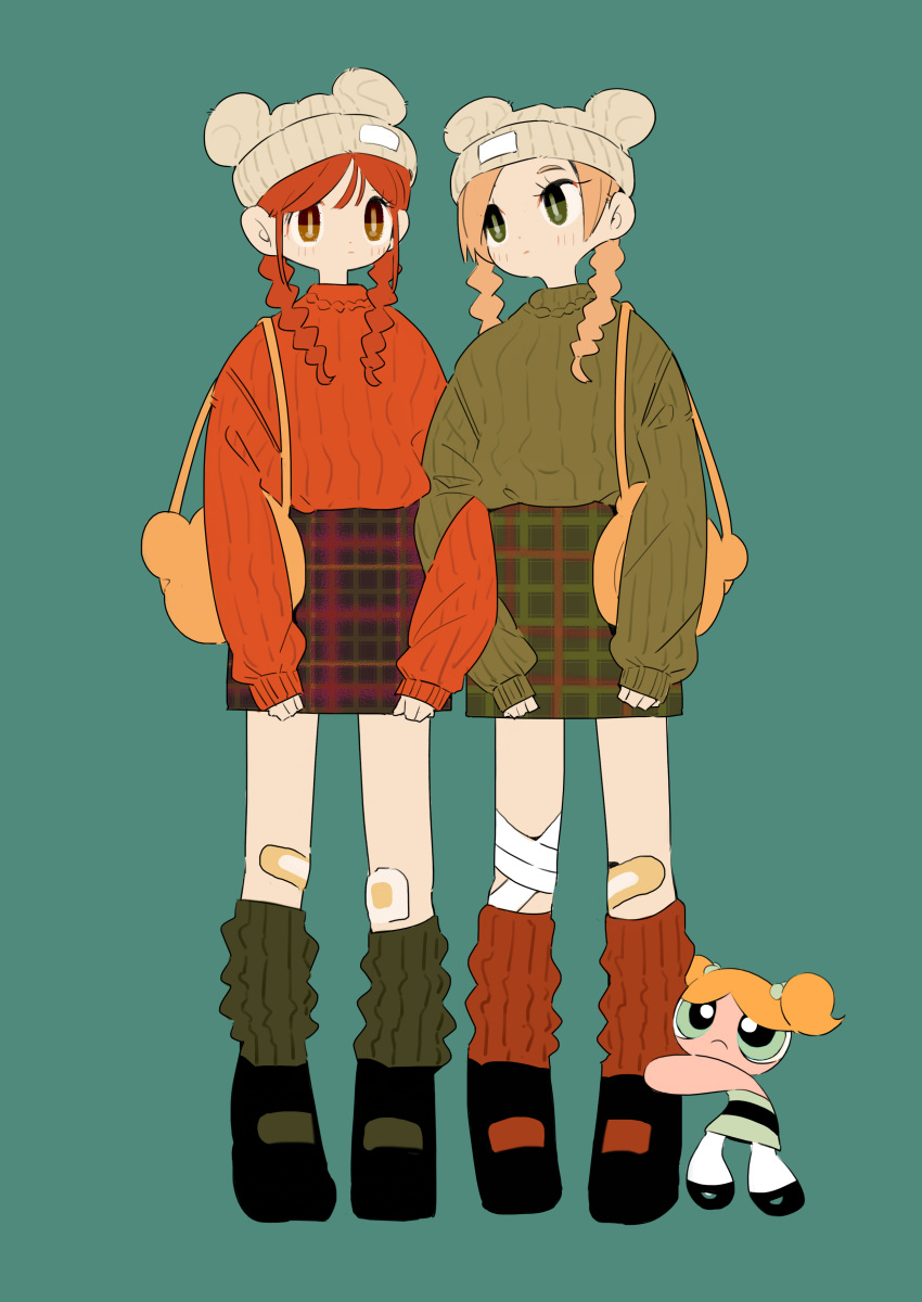 2girls absurdres aqua_background bandaged_leg bandages black_footwear blonde_hair braid brown_eyes bubbles_(ppg) expressionless full_body green_eyes highres leg_warmers locked_arms long_sleeves looking_ahead low_twin_braids mary_janes maymay_pic multiple_girls original plaid plaid_skirt redhead shoes simple_background skirt sleeves_past_wrists standing sweater turtleneck turtleneck_sweater twin_braids unmoving_pattern