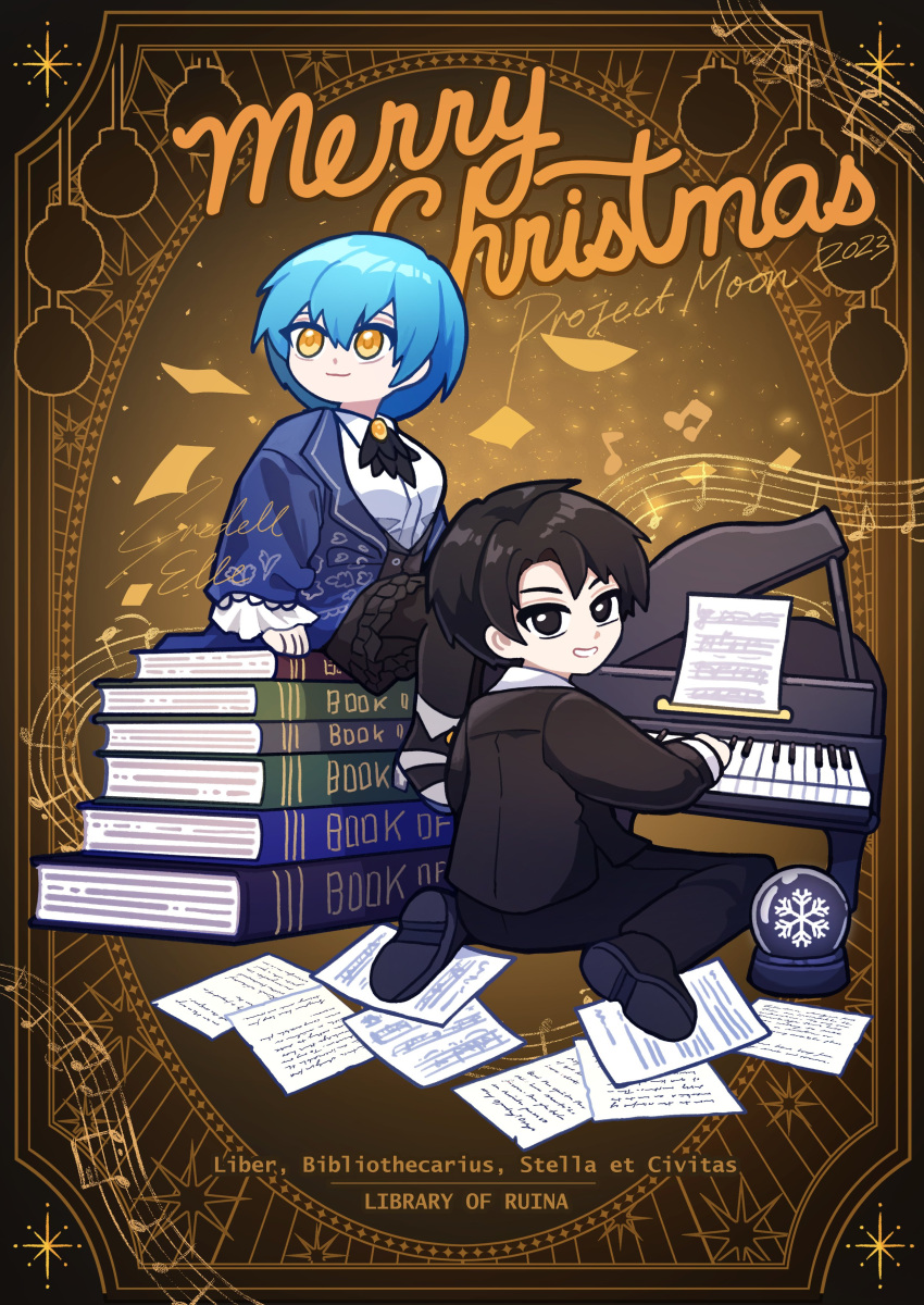 1boy 1girl 2023 absurdres angela_(project_moon) ascot black_ascot black_hair black_pants black_skirt blue_coat blue_hair book book_stack chibi closed_mouth coat collared_shirt grand_piano gredell_elle highres instrument latin_text library_of_ruina looking_at_viewer merry_christmas music pages pants parted_lips piano playing_instrument project_moon roland_(project_moon) shirt short_hair sitting skirt smile wariza white_shirt yellow_eyes