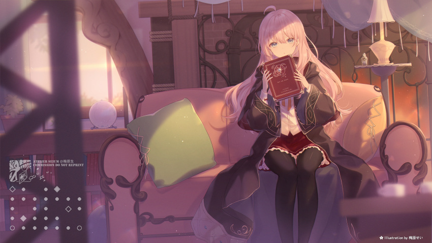 1girl ahoge black_coat black_pantyhose book brown_skirt coat commentary_request couch feet_out_of_frame hair_between_eyes highres holding holding_book houki_(majo_no_tabitabi) indoors lamp long_hair long_sleeves looking_at_viewer majo_no_tabitabi medium_skirt pantyhose parted_lips pillow pink_hair shirt sitting skirt solo umehara_sei violet_eyes white_shirt wide_sleeves