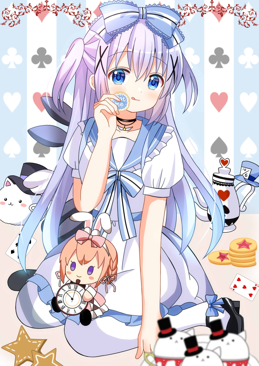 1girl :q absurdres alice_in_wonderland black_footwear black_headwear blue_bow blue_eyes blue_sailor_collar bow closed_mouth club_(shape) commentary_request eat_me food frilled_sailor_collar frills gochuumon_wa_usagi_desu_ka? hair_between_eyes hair_bow hair_ornament hand_up hat heart highres holding holding_food hoto_cocoa kafuu_chino mini_hat mini_top_hat pantyhose puffy_short_sleeves puffy_sleeves purple_hair ryoutan sailor_collar shirt shoes short_sleeves sitting skirt smile solo_focus spade_(shape) striped striped_bow teapot tilted_headwear tippy_(gochiusa) tongue tongue_out top_hat two_side_up wariza white_pantyhose white_shirt white_skirt x_hair_ornament