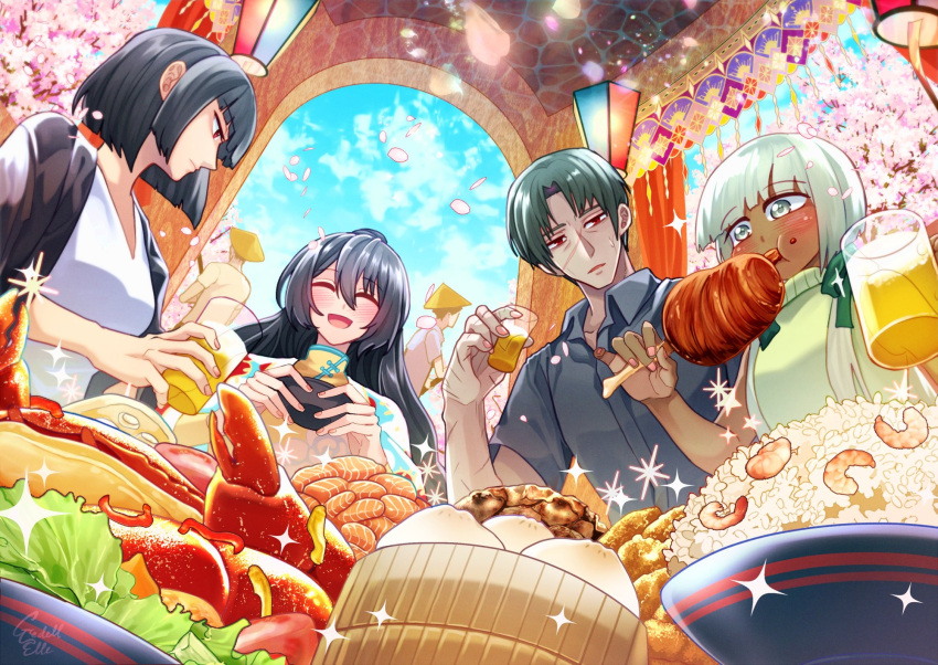 2boys 2girls alcohol bamboo_steamer baozi beer black_shirt bow bowl charon_(project_moon) chinese_clothes collared_shirt crab cup drinking eating food fork fried_rice gredell_elle green_bow hair_bow highres holding holding_cup holding_fork hong_lu_(project_moon) lettuce limbus_company long_hair low_twintails multiple_boys multiple_girls project_moon ryoshu_(project_moon) salad salmon shirt short_hair shrimp tomato twintails vergilius_(project_moon) very_long_hair white_hair