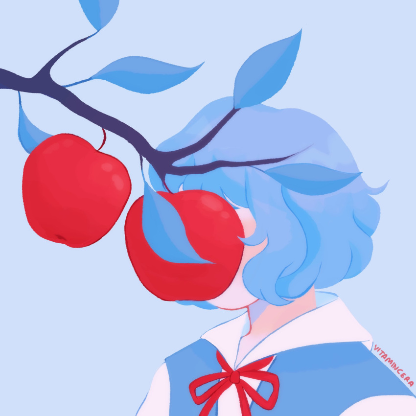1girl apple artist_name ayanami_rei bad_id bad_twitter_id blue_background blue_dress blue_hair branch chinese_commentary commentary covered_face dress facing_viewer food fruit highres leaf neon_genesis_evangelion red_apple school_uniform shirt short_hair simple_background solo tokyo-3_middle_school_uniform upper_body vitamincera white_shirt
