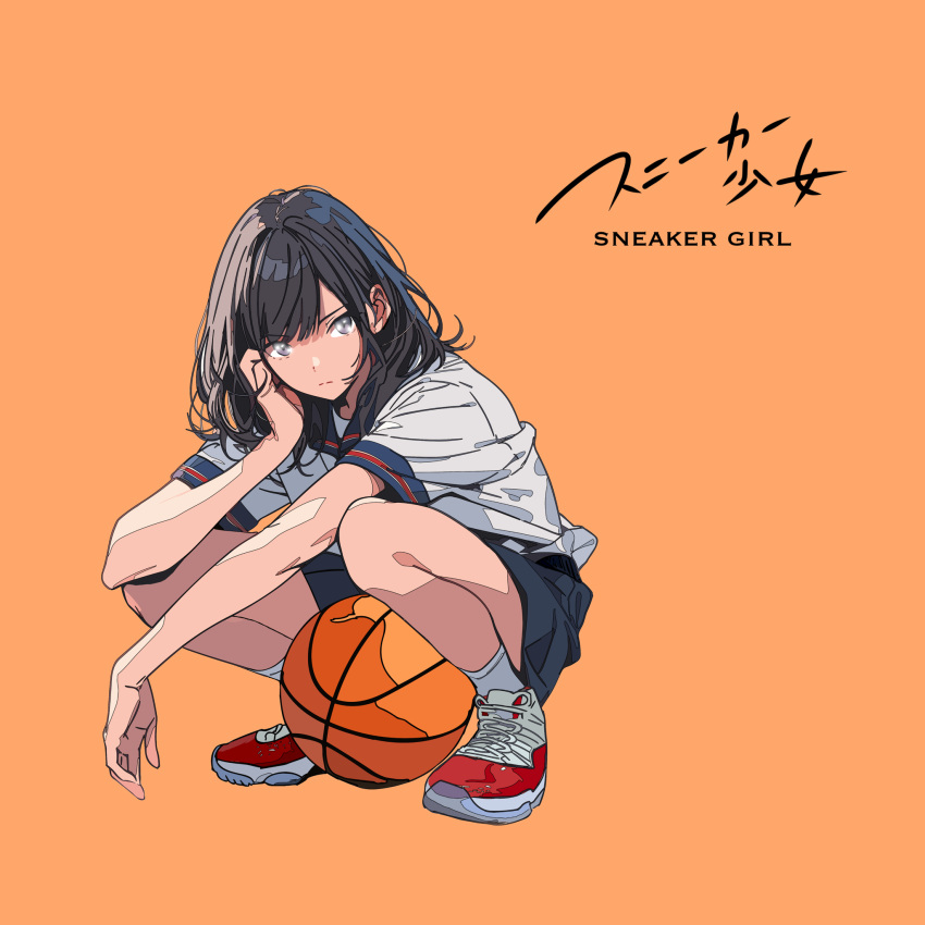 1girl ball basketball_(object) haluchilu highres looking_at_viewer orange_background original school_uniform shoes simple_background sneakers solo squatting uniform
