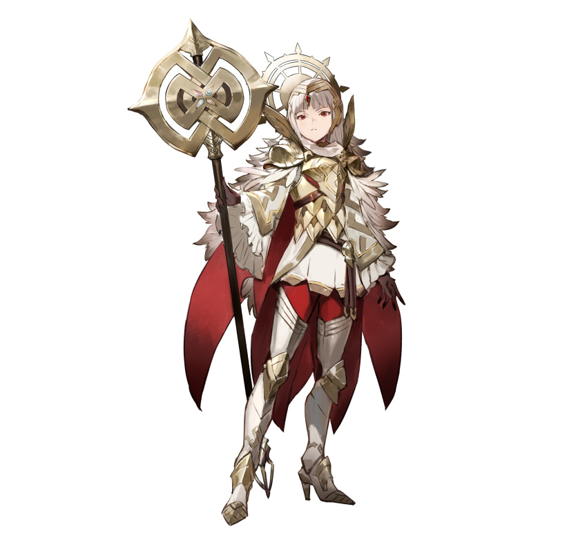 1girl absurdres armor black_gloves boots cape feather_trim fire_emblem fire_emblem_heroes gloves gold_trim high_heel_boots high_heels highres holding holding_staff leggings long_hair looking_at_viewer official_alternate_costume official_art red_cape red_eyes red_leggings solo spiky_hair staff tachi-e veronica_(brave_princess)_(resplindent)_(fire_emblem) veronica_(fire_emblem) white_hair
