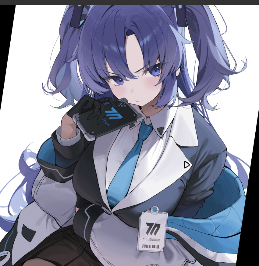 1girl black_gloves black_jacket black_skirt blue_archive blue_necktie breasts cellphone closed_mouth collared_shirt commentary gloves highres holding holding_phone id_card jacket long_hair medium_breasts necktie phone pro-p purple_hair shirt skirt solo symbol-only_commentary two_side_up v-shaped_eyebrows violet_eyes white_jacket white_shirt yuuka_(blue_archive)