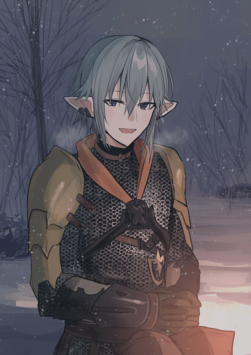 1boy :d armor bare_tree black_gloves blue_eyes breath chainmail chihuri ear_piercing final_fantasy final_fantasy_xiv gloves grey_hair hair_between_eyes haurchefant_greystone highres looking_at_viewer male_focus outdoors pauldrons piercing pointy_ears shoulder_armor smile snow snowing solo tree