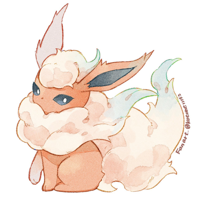 bright_pupils flareon fluffy from_side full_body highres kotone11152 looking_at_viewer no_humans pokemon pokemon_(creature) sitting solo twitter_username white_background white_pupils