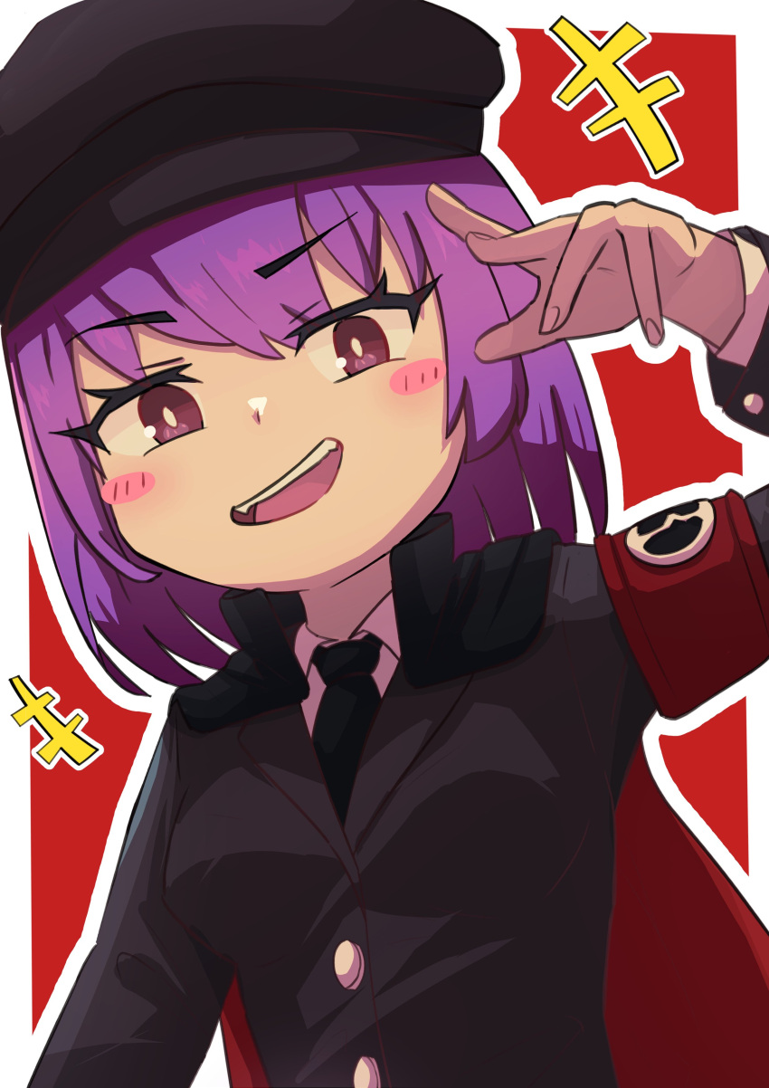 +++ 1girl absurdres armband black_coat black_headwear black_necktie blush_stickers breasts bright_pupils coat collared_shirt commentary_request cookie_(touhou) fingernails geru_futota hand_up hat highres long_sleeves looking_at_viewer medium_bangs necktie open_mouth outline peaked_cap purple_hair raised_eyebrow red_background remilia_scarlet shirt short_hair small_breasts smile solo tatamaru5382 teeth touhou two-tone_background upper_body upper_teeth_only violet_eyes white_background white_outline white_pupils white_shirt