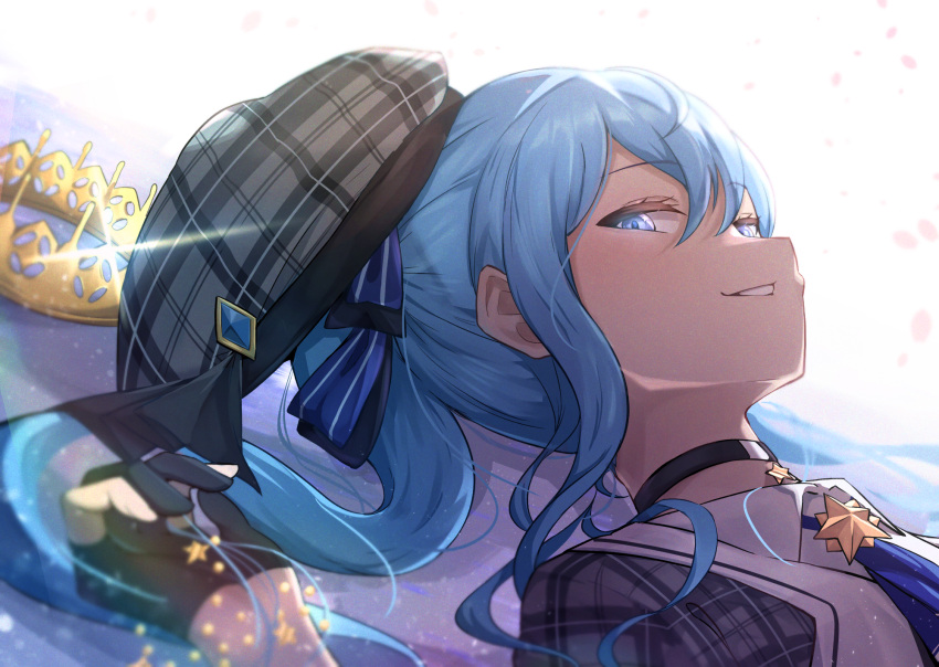 1girl beret black_choker black_gloves blue_eyes blue_hair blue_ribbon choker commentary_request crown gloves grey_headwear hair_between_eyes hair_ribbon hashira_14 hat highres hololive hoshimachi_suisei hoshimachi_suisei_(1st_costume) long_hair looking_at_viewer lying on_back parted_lips partially_fingerless_gloves plaid_headwear ribbon smile solo unworn_crown upper_body virtual_youtuber