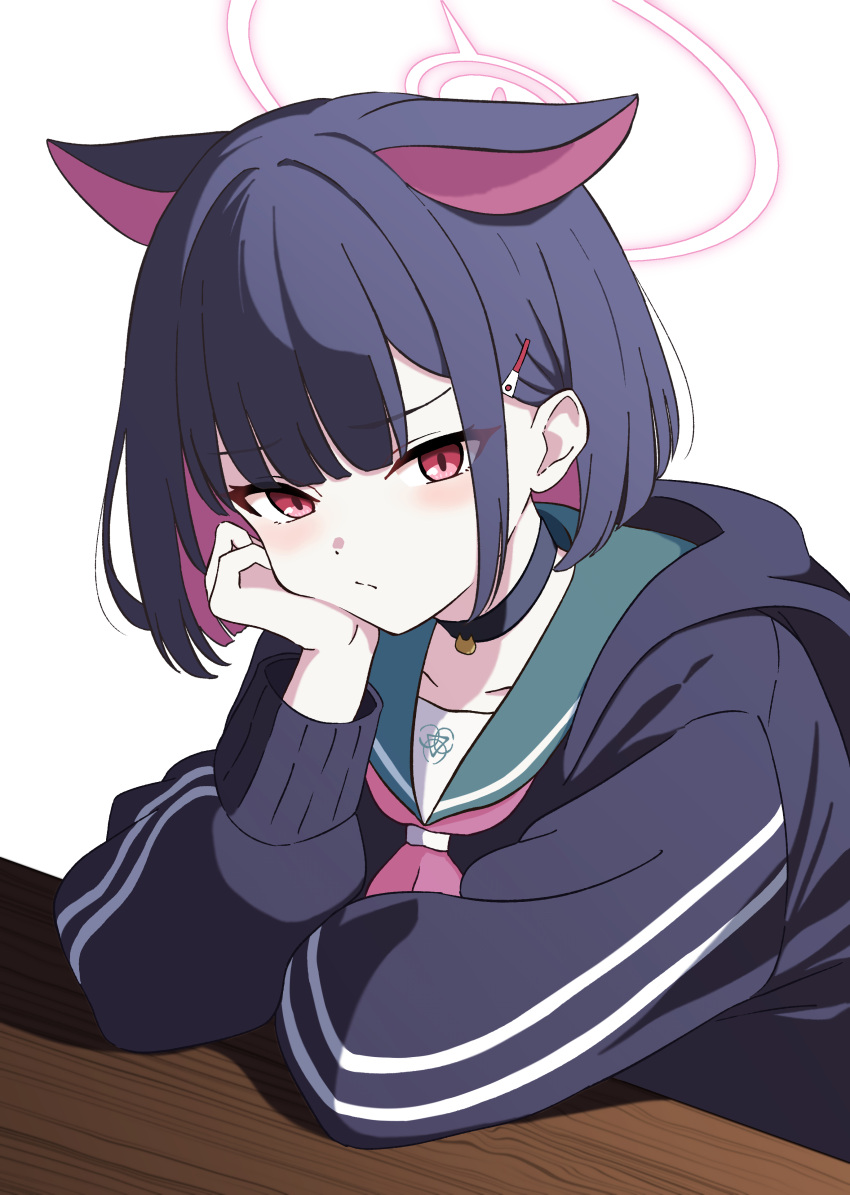 1girl absurdres animal_ears black_choker black_hair black_jacket blue_archive blush cat_ears choker closed_mouth extra_ears green_sailor_collar hair_ornament hairclip highres hood hood_down hooded_jacket jacket kazusa_(blue_archive) long_sleeves looking_at_viewer pink_hair pogeepoge red_eyes sailor_collar short_hair simple_background solo upper_body white_background