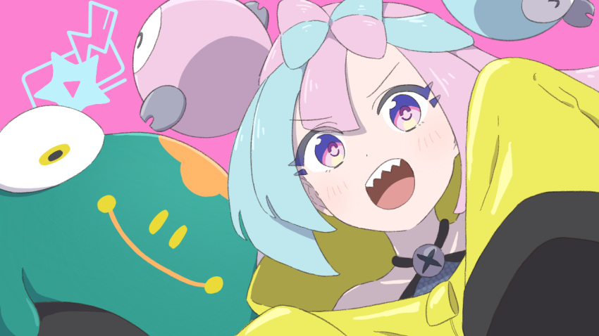 1girl bellibolt blush bow-shaped_hair character_hair_ornament commentary_request fujiyama_(yellow) green_hair hair_ornament iono_(pokemon) jacket multicolored_hair open_mouth pink_background pink_eyes pink_hair pokemon pokemon_(creature) pokemon_sv sleeves_past_fingers sleeves_past_wrists teeth tongue two-tone_hair upper_teeth_only yellow_jacket