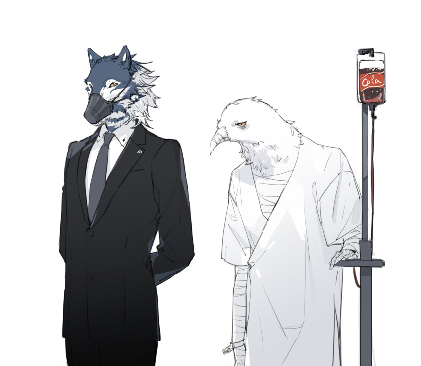 2boys armored_core armored_core_6 arms_behind_back bandaged_arm bandaged_chest bandages bird_boy black_jacket black_necktie black_pants black_suit cola collared_shirt cowboy_shot furry furry_male highres hospital_gown intravenous_drip jacket male_focus multiple_boys muzzle necktie pants raven_(armored_core_6) riio shirt simple_background standing suit v.iv_rusty white_background white_shirt wolf_boy yellow_eyes