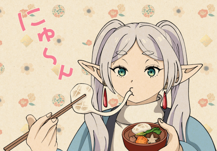 1girl a-king bowl chopsticks commentary_request drop_earrings earrings eating food frieren green_eyes holding holding_bowl holding_chopsticks jewelry long_hair mochi mochi_trail new_year parted_bangs pointy_ears solo sousou_no_frieren twintails white_hair zouni_soup