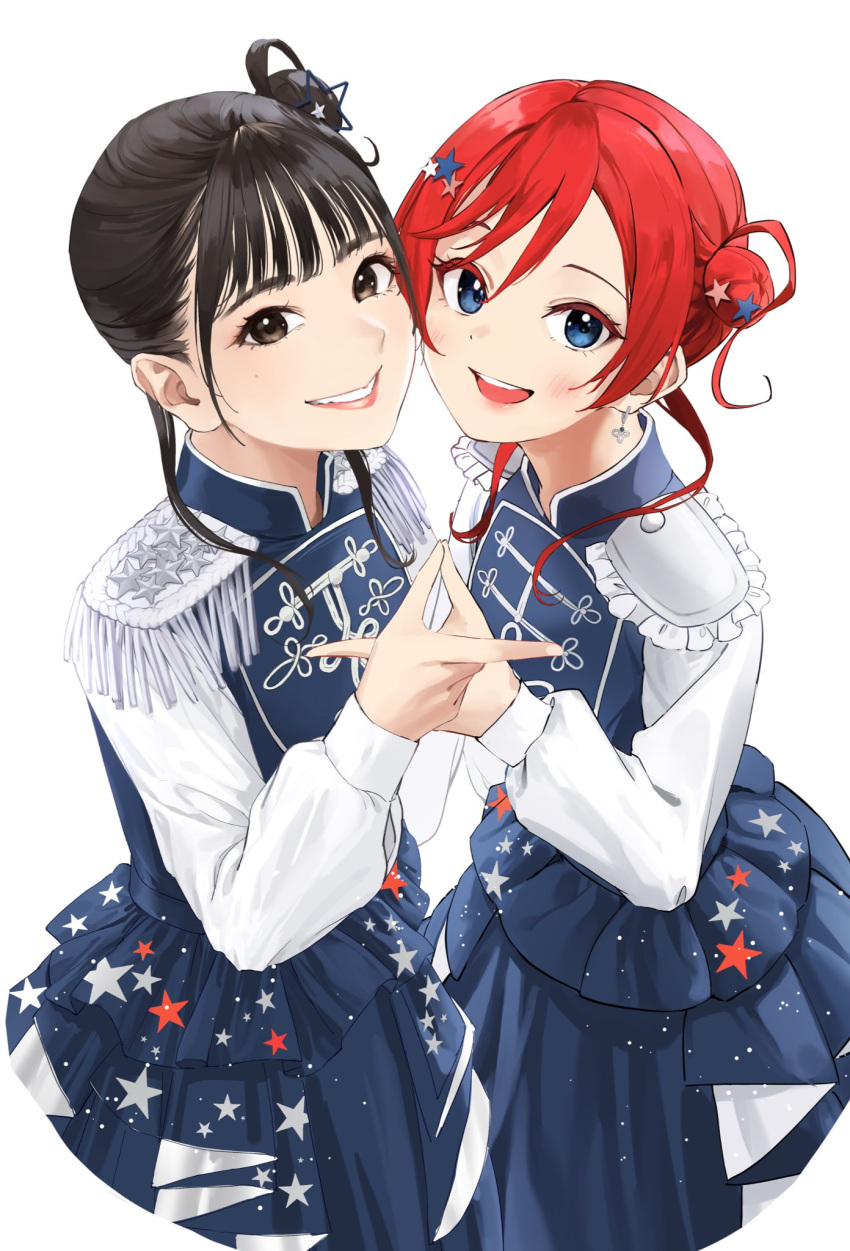 2girls black_hair blue_dress blue_eyes brown_eyes dress epaulettes hair_bun hair_ornament highres long_sleeves looking_at_viewer love_live! love_live!_superstar!! multiple_girls official_alternate_costume parted_lips pointing redhead shinyoujurin sing!_shine!_smile! single_side_bun smile star_(symbol) star_hair_ornament upper_body voice_actor voice_actor_connection white_background yabushima_akane yoneme_mei
