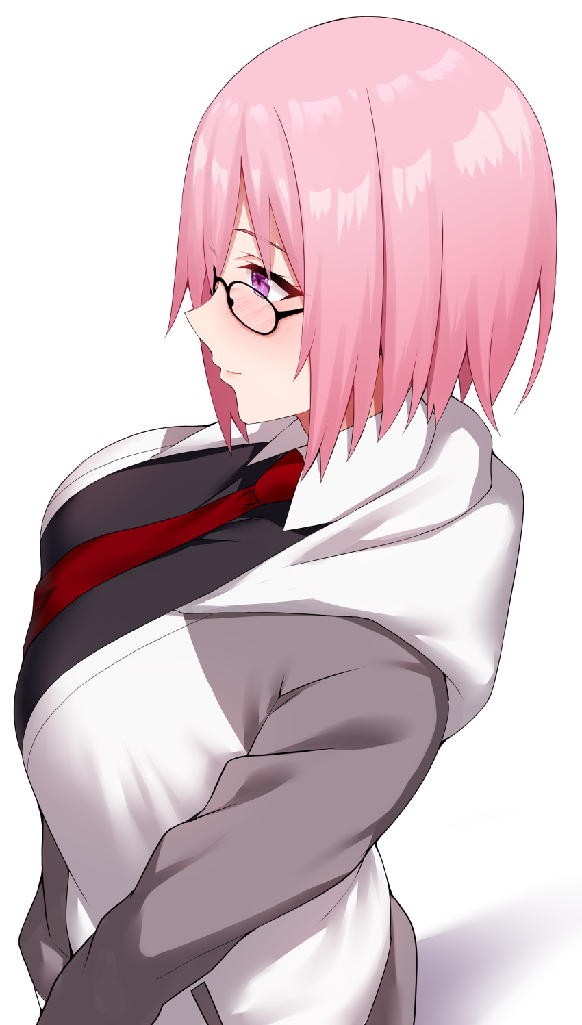 1girl absurdres arind_yudha blush breasts fate/grand_order fate_(series) from_side glasses highres huge_breasts looking_ahead mash_kyrielight medium_hair pink_hair simple_background solo white_background