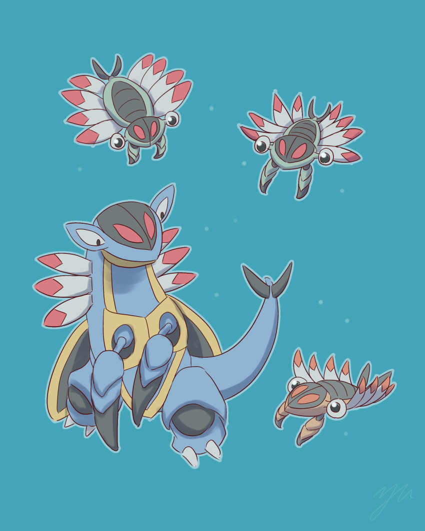 absurdres alternate_color animal_focus anorith armaldo blue_background blue_skin bug claws colored_skin commentary_request evolutionary_line highres no_humans pokemon pokemon_(creature) shiny_pokemon simple_background tail yu_(pocketsun636)