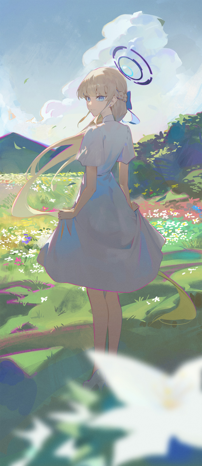 1girl absurdres blonde_hair blue_archive blue_eyes blue_hair blue_halo braid closed_mouth clouds cloudy_sky day dress full_body grass halo high_heels highres kji_(rozo) long_hair mountain multicolored_hair outdoors short_sleeves sky solo standing streaked_hair toki_(blue_archive) white_dress white_footwear