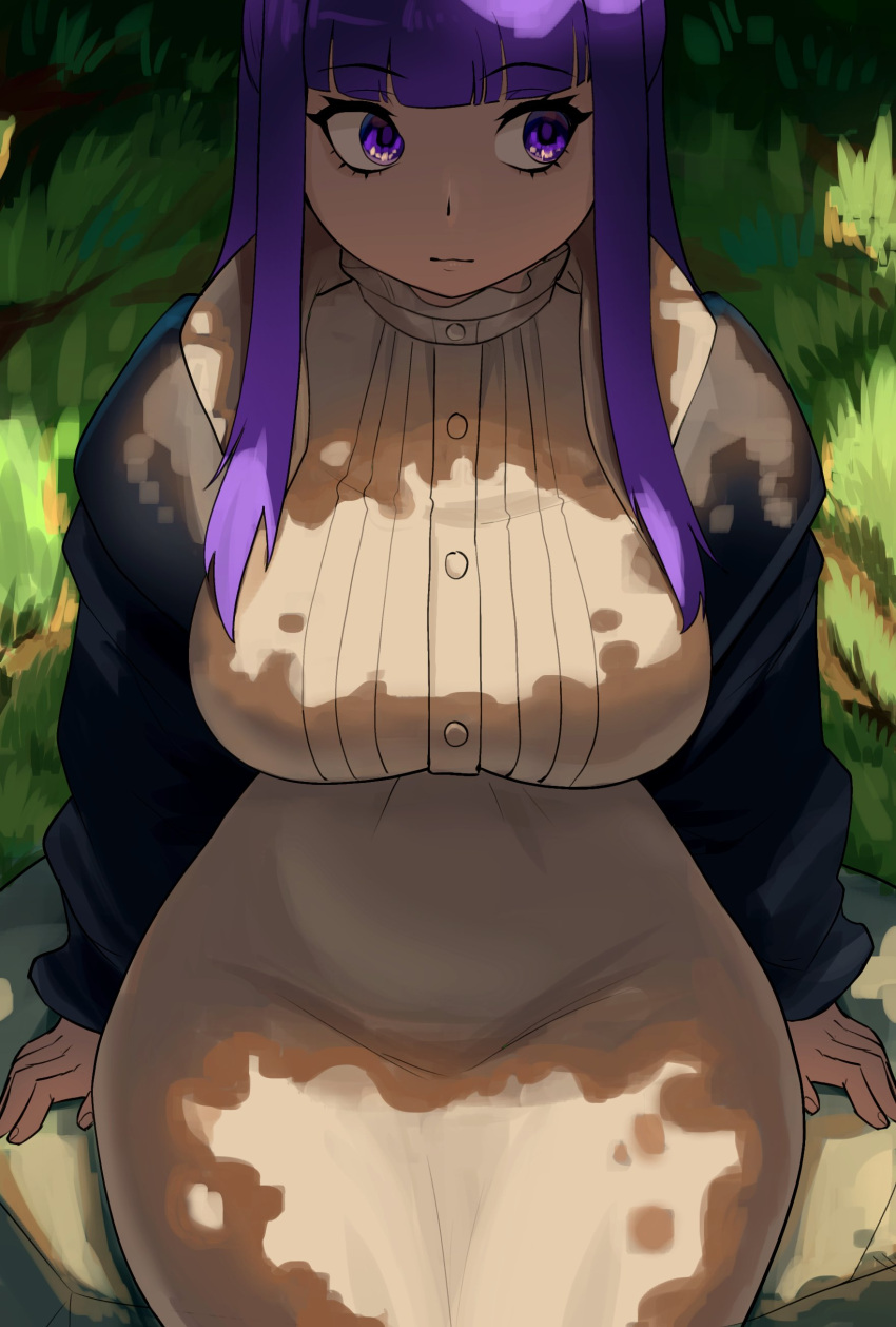 1girl absurdres black_robe breasts collar commentary curvy cut_bangs dappled_sunlight day dildo_reveal dress english_commentary fern_(sousou_no_frieren) frilled_collar frills highres large_breasts long_hair long_sleeves off_shoulder purple_hair rajah_(dajah) robe sitting solo sousou_no_frieren straight_hair sunlight violet_eyes white_dress