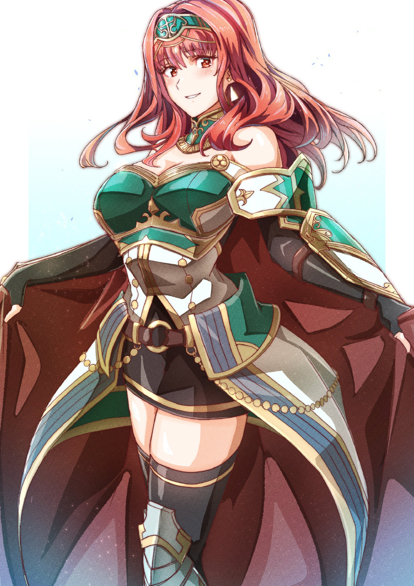 1girl absurdres armor breastplate cape celica_(fire_emblem) dress earrings fingerless_gloves fire_emblem fire_emblem_echoes:_shadows_of_valentia fire_emblem_heroes gloves highres holding holding_cape holding_clothes jewelry long_hair looking_at_viewer red_eyes redhead smile solo tiara to_(tototo_tk)
