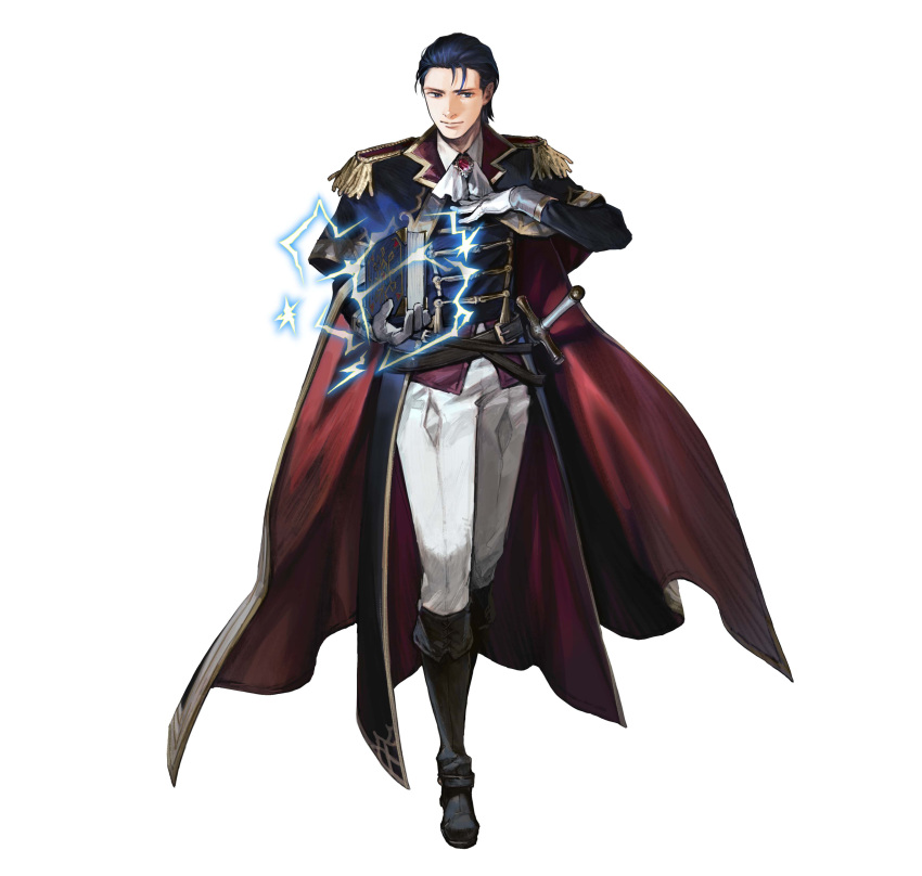 1boy absurdres black_hair book cape commentary_request epaulettes fire_emblem fire_emblem:_thracia_776 fire_emblem_heroes gloves hair_slicked_back highres lightning looking_at_viewer male_focus momo_jiru official_alternate_costume official_art red_cape reinhardt_(fire_emblem) reinhardt_(thrud_reborn)_(fire_emblem) solo white_gloves